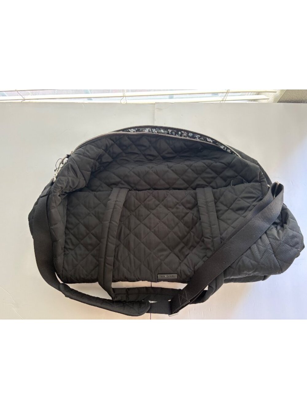 Vera Bradley Black Quilted Duffel Bag With Floral Interior & Adjustable Strap
